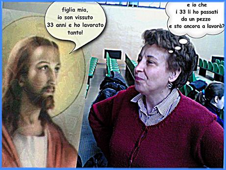 Elaborazione grafica raffigurante la prof. Di Somma mentre dialoga con Gesù Cristo. By Marco Mordini