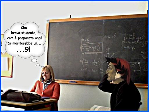 elaborazione grafica raffigurante la prof. Longhi mentre interroga Dante Alighieri valutato 9/10. by Marco Mordini