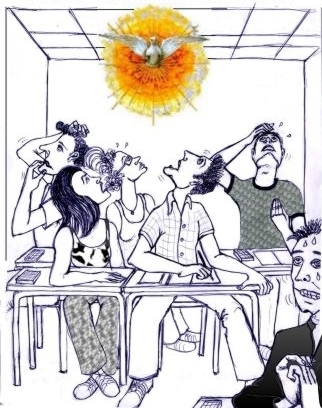 vignetta di Nello Colavolpe - gli studenti attendono l\'ispirazione dallo Spirito Santo