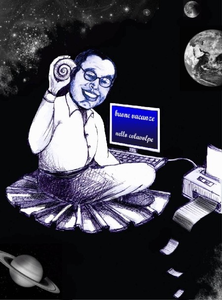 vignetta del prof. Colavolpe: il prof. Paganini nell\'universo davanti ad un computer nei panni del segretario universale alle prese con Conchiglia (una conchiglia nella mano destra)