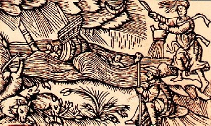 streghe nordiche provocano una tempesta con taglio dell'aria e versamento d'acqua , tratta da De Gentibus septentrinalibus di Olaus Magnus 1555
